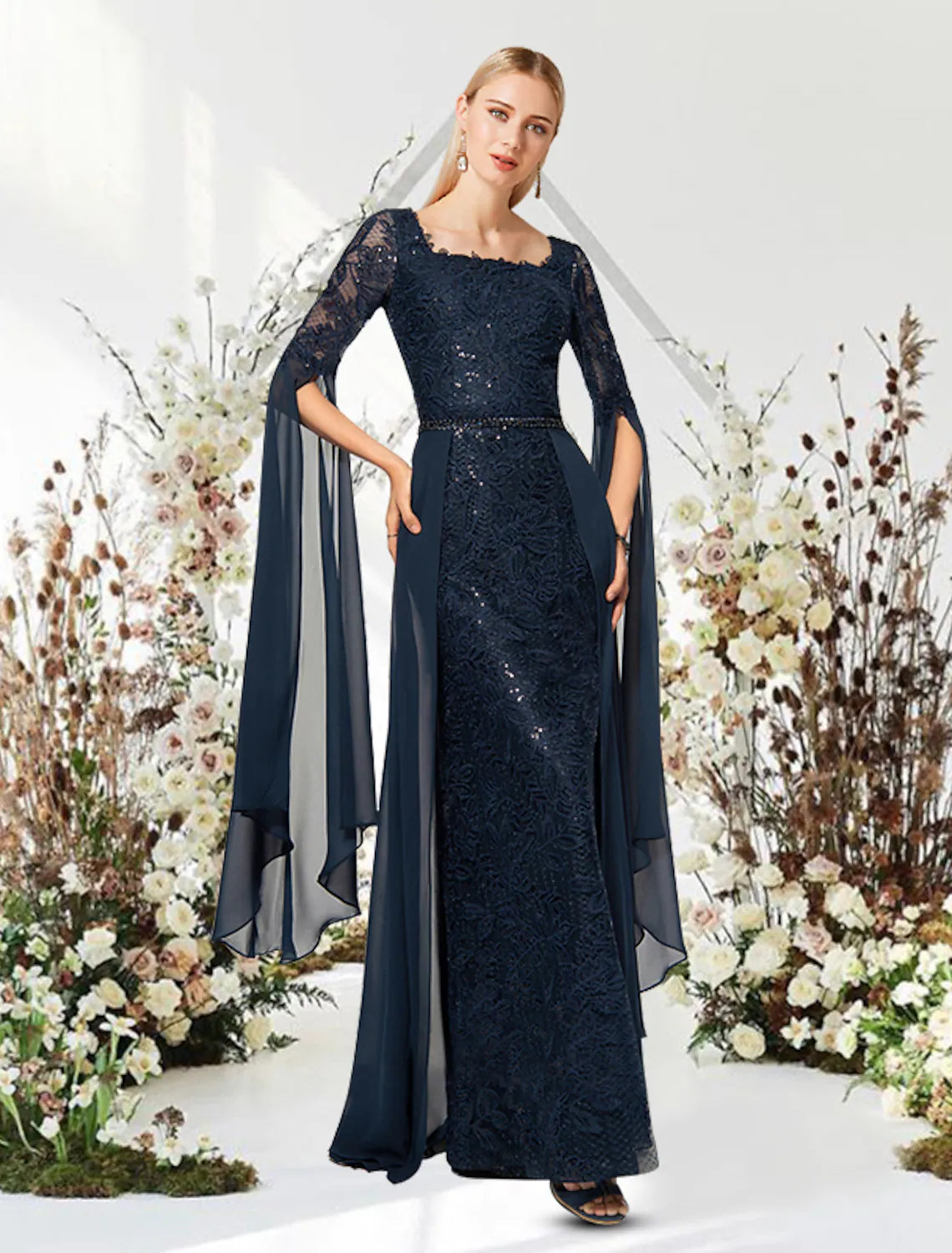 Wholesa Sheath / Column Evening Gown Empire Dress Wedding Guest Floor Length Short Sleeve Jewel Neck Chiffon with Pure Color