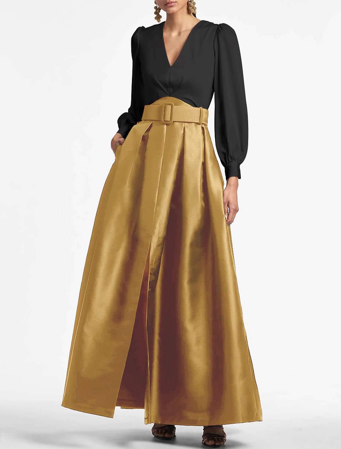 Wholesa A-Line Evening Gown Party Dress Elegant Dress Formal Wedding Guest Floor Length Short Sleeve V Neck Belt / Sash Satin with Pleats