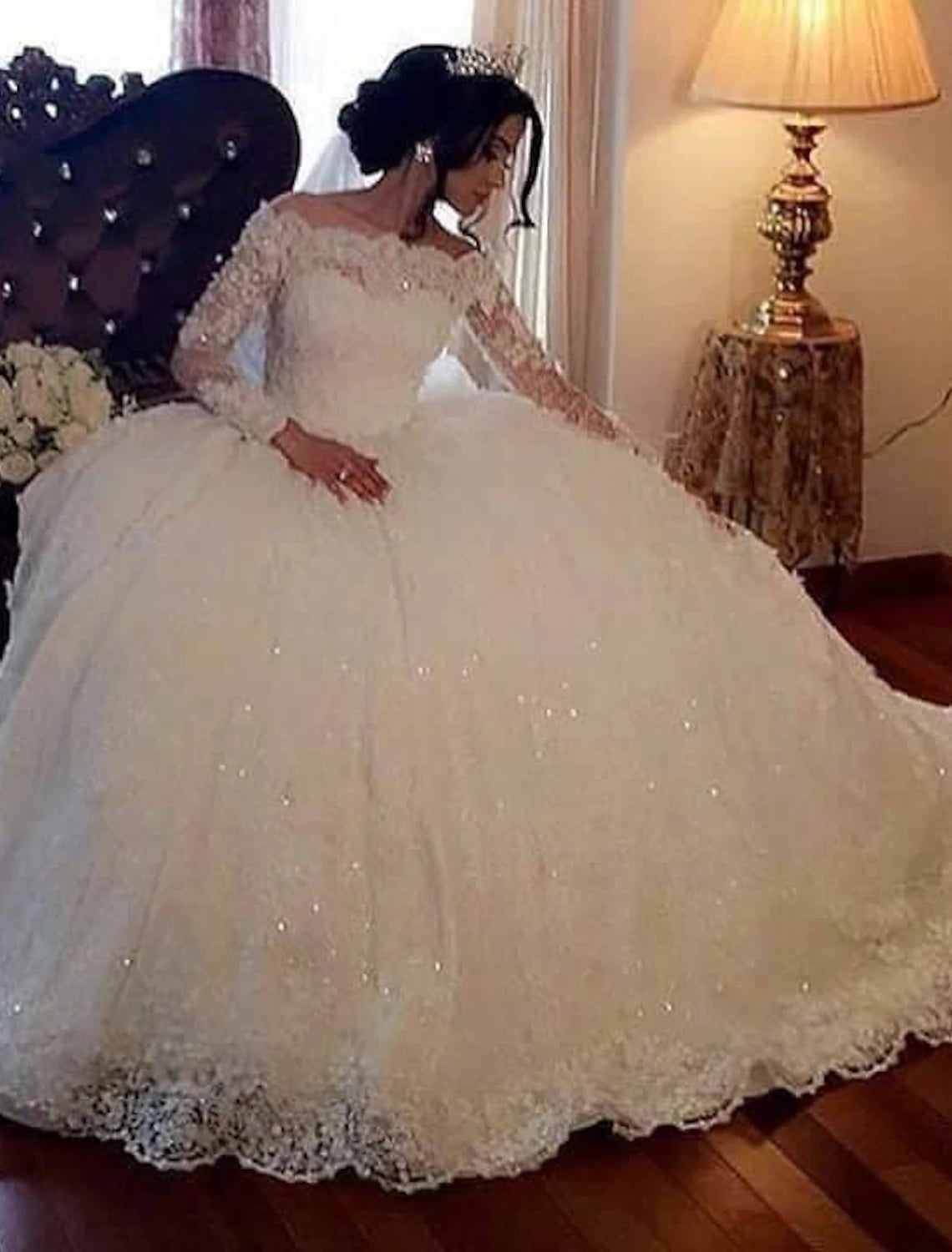 wholesale  Engagement Formal Fall Wedding Dresses Ball Gown Off Shoulder Long Sleeve Floor Length Lace Bridal Gowns With Beading Sequin