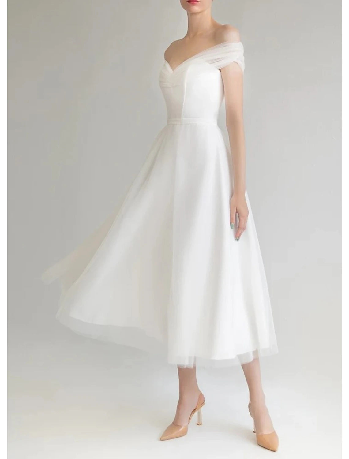 Wholesa Bridal Shower Little White Dresses Wedding Dresses A-Line Off Shoulder Sleeveless Tea Length Satin Bridal Gowns With Solid Color