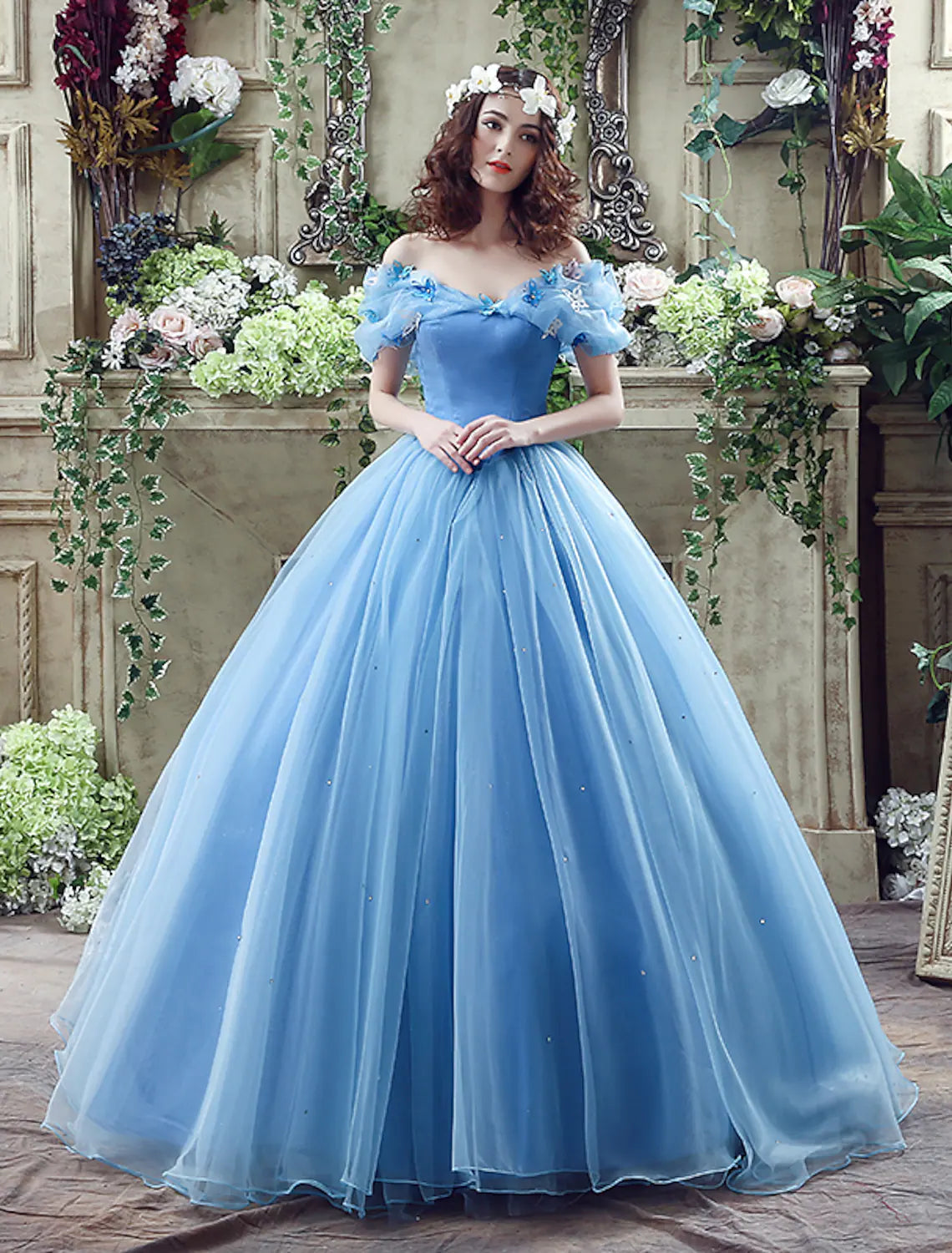 Wholesa Ball Gown Evening Gown Sexy Dress Quinceanera Chapel Train Short Sleeve Off Shoulder Satin with Appliques