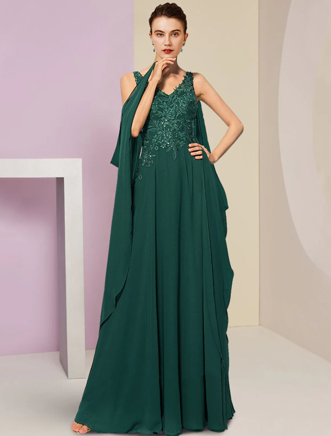 wholesale  Sheath / Column Mother of the Bride Dress Wedding Guest Vintage Party V Neck Floor Length Chiffon Lace Sleeveless with Pleats Sequin