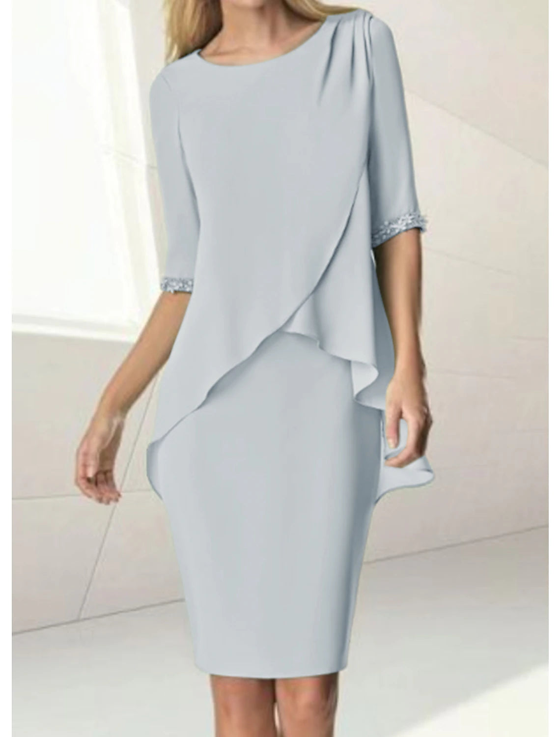 Wholesa Sheath / Column Mother of the Bride Dress Wedding Guest Elegant Jewel Neck Knee Length Chiffon Half Sleeve with Beading Ruching