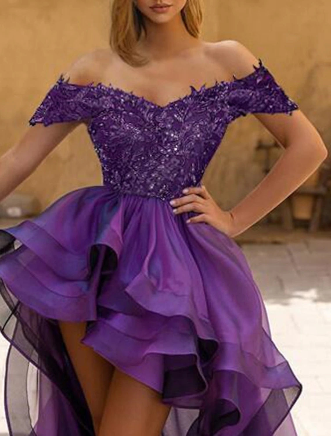 Wholesa A-Line Evening Gown Sexy Dress Formal Wedding Guest Asymmetrical Short Sleeve Off Shoulder Organza with Ruffles