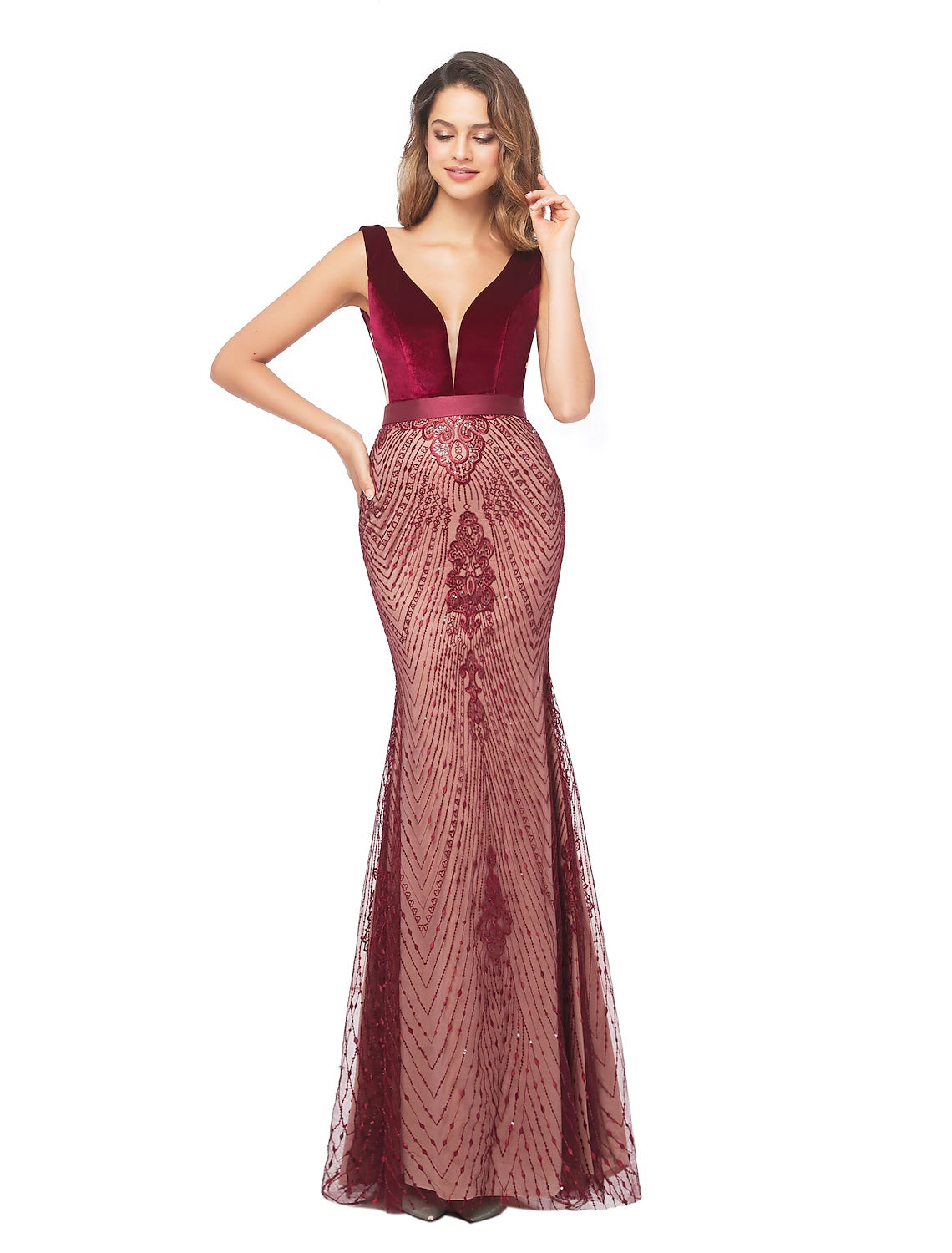 Wholesa Mermaid Party Dress Evening Gown Luxurious Dress Formal Evening Sweep / Brush Train Sleeveless V Neck Fall Wedding Guest Velvet Backless with Beading