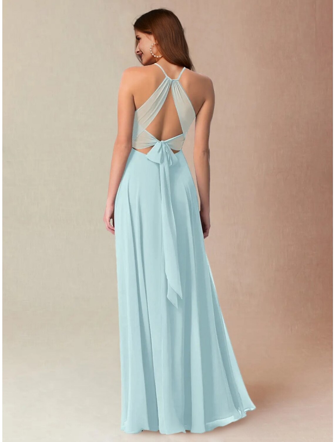 Wholesa  A-Line Bridesmaid Dress Halter Neck Sleeveless Elegant Floor Length Chiffon with Bow(s) / Split Front / Ruching