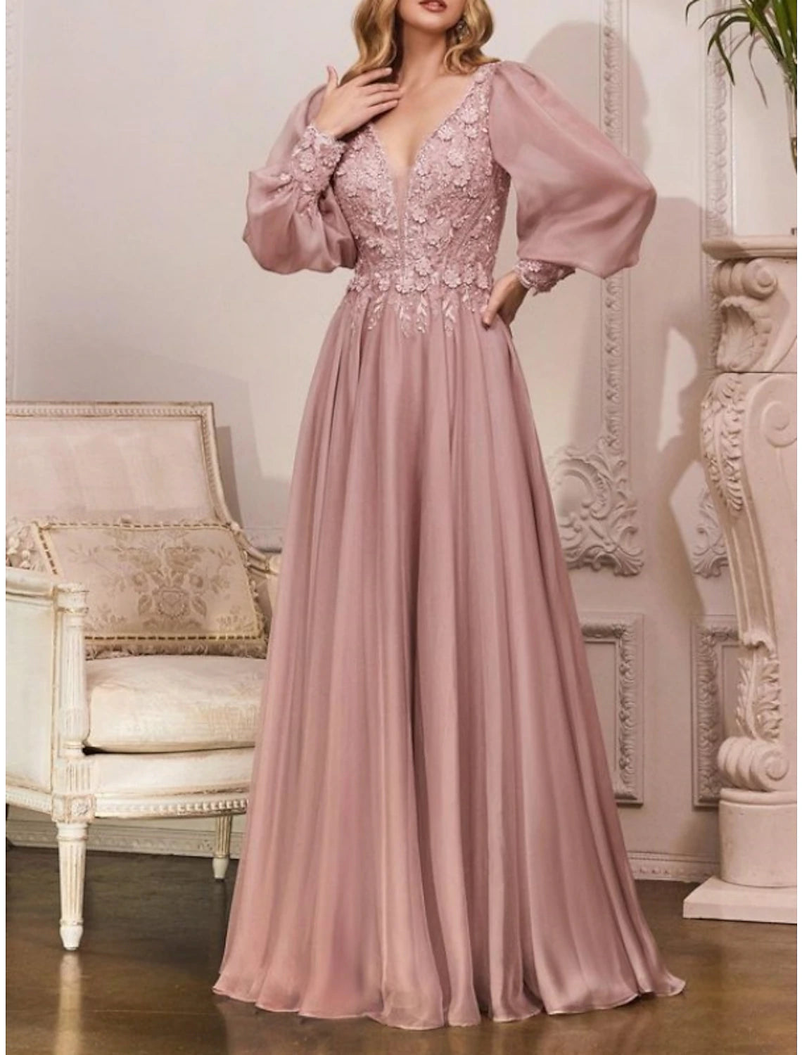 Wholesa  Sheath / Column Wedding Guest Dresses Elegant Dress Wedding Guest Floor Length Long Sleeve V Neck Bridesmaid Dress Chiffon with Pleats Appliques