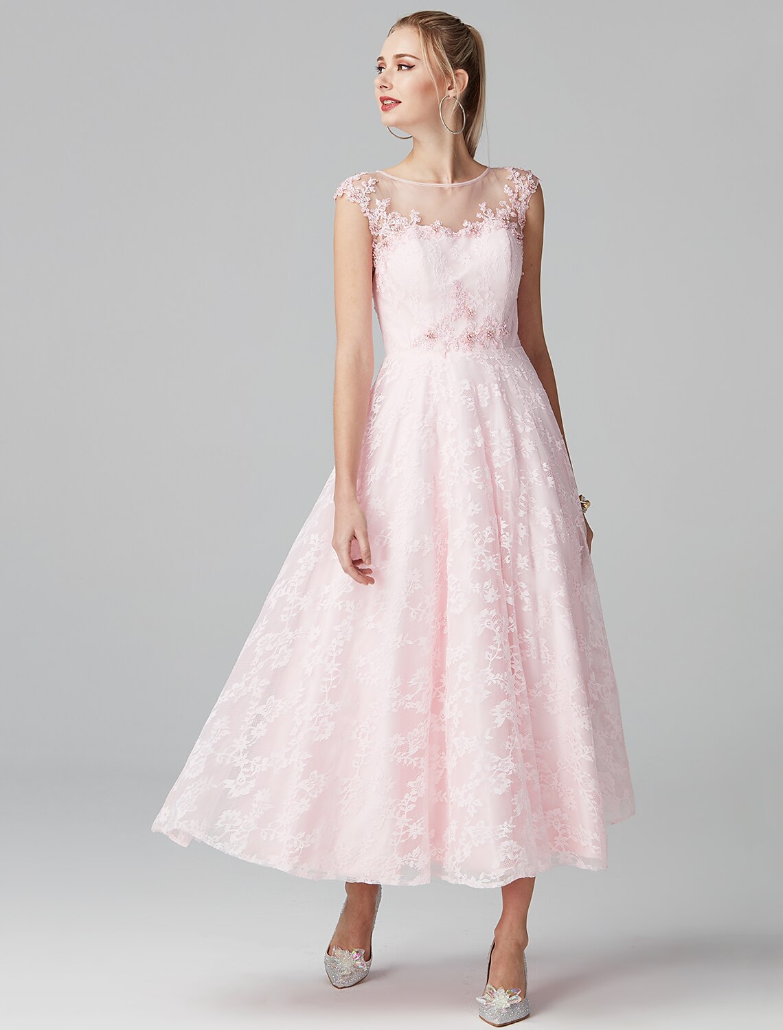 wholesa A-Line Prom Dresses Floral Dress Evening Party Wedding Guest Ankle Length Short Sleeve Illusion Neck Lace Zipper with Appliques