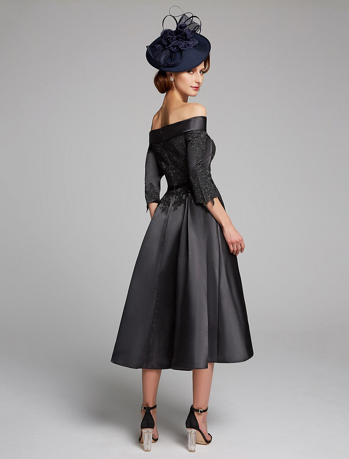 wholesale  A-Line Mother of the Bride Dress Plus Size Sexy Off Shoulder Tea Length Satin Lace 3/4 Length Sleeve with Lace Sash / Ribbon