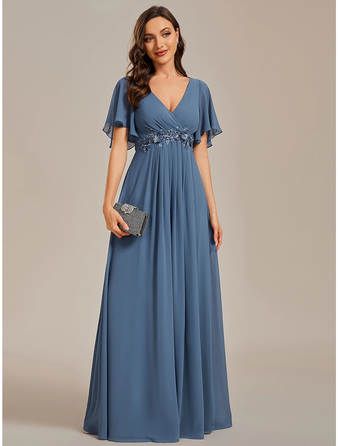 Wholesa  A-Line Wedding Guest Dresses Elegant Dress Formal Wedding Sweep / Brush Train Short Sleeve V Neck Chiffon with Ruched Appliques