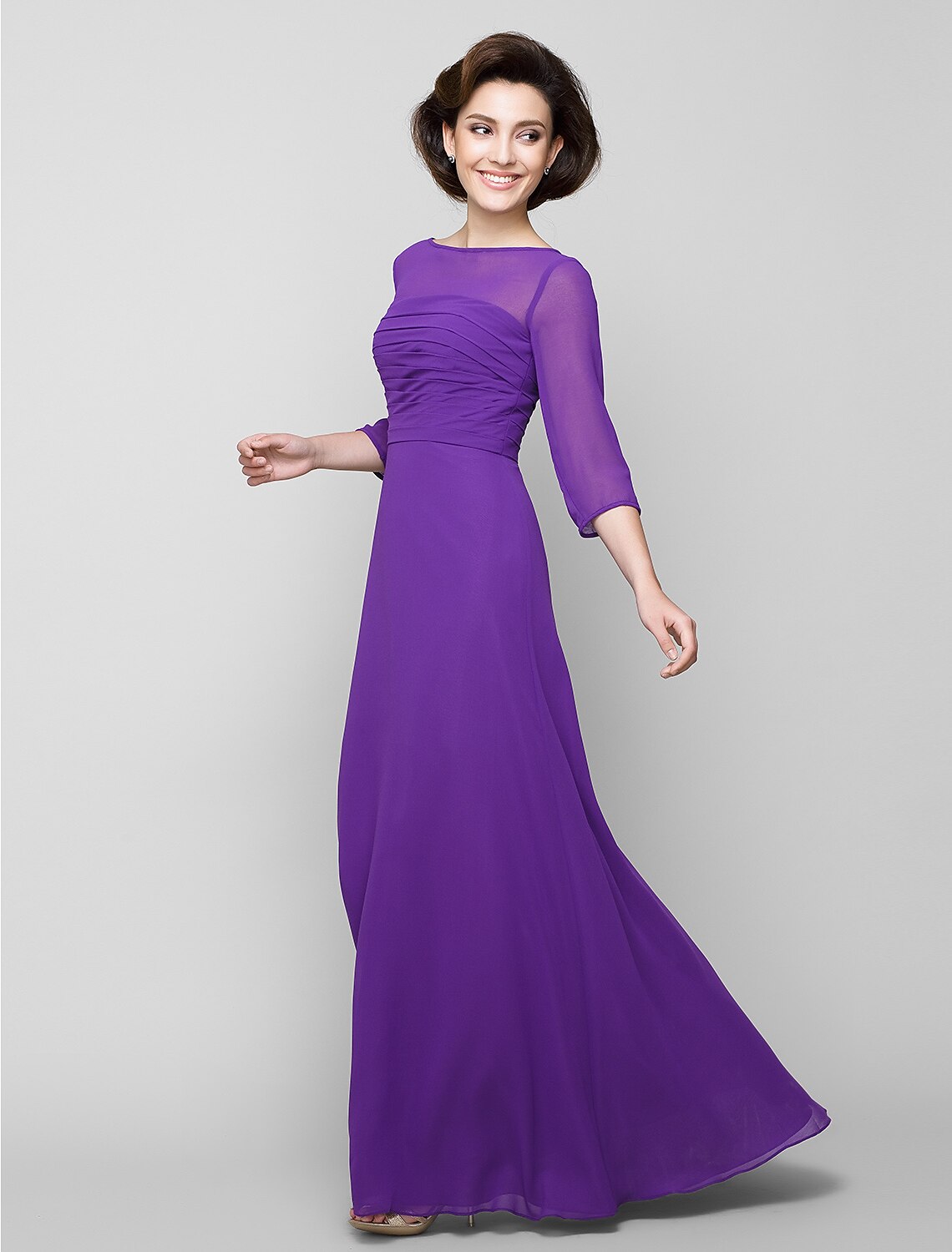 wholesale   A-Line Mother of the Bride Dress Elegant Scoop Neck Ankle Length Chiffon 3/4 Length Sleeve No with Ruched