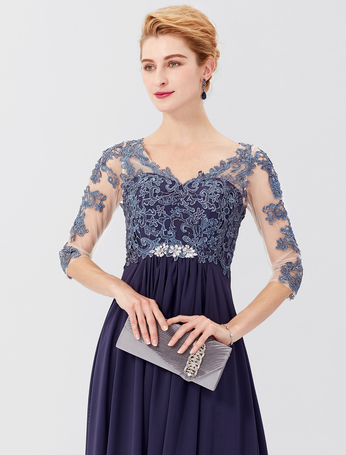 wholesale  Ball Gown A-Line Mother of the Bride Dress Formal Plus Size Elegant V Neck Floor Length Chiffon Sheer Lace 3/4 Length Sleeve with Crystals Appliques