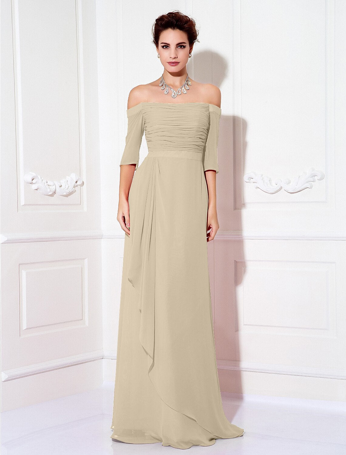 wholesa Sheath / Column Minimalist Dress Wedding Guest Formal Evening Sweep / Brush Train Half Sleeve Off Shoulder Bridesmaid Dress Chiffon with Ruched Draping