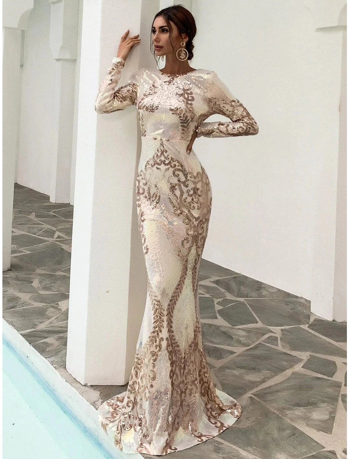 Wholesa Mermaid / Trumpet Evening Gown Elegant Dress Formal Sweep / Brush Train Long Sleeve Scoop Neck Sequined with Glitter Pleats