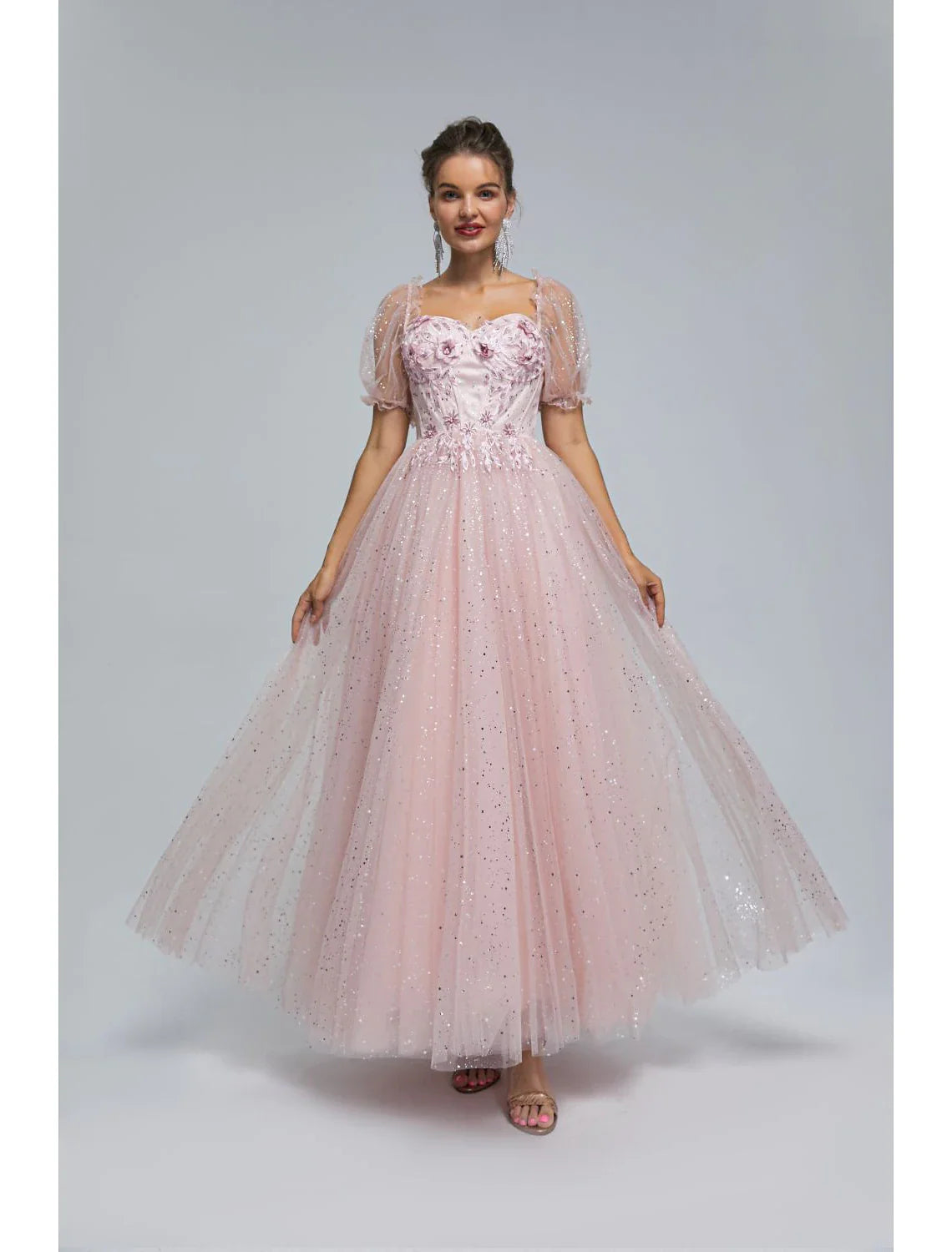 Wholesa A-Line Prom Dresses Princess Dress Quinceanera Tea Length Short Sleeve Off Shoulder Tulle with Sequin Appliques