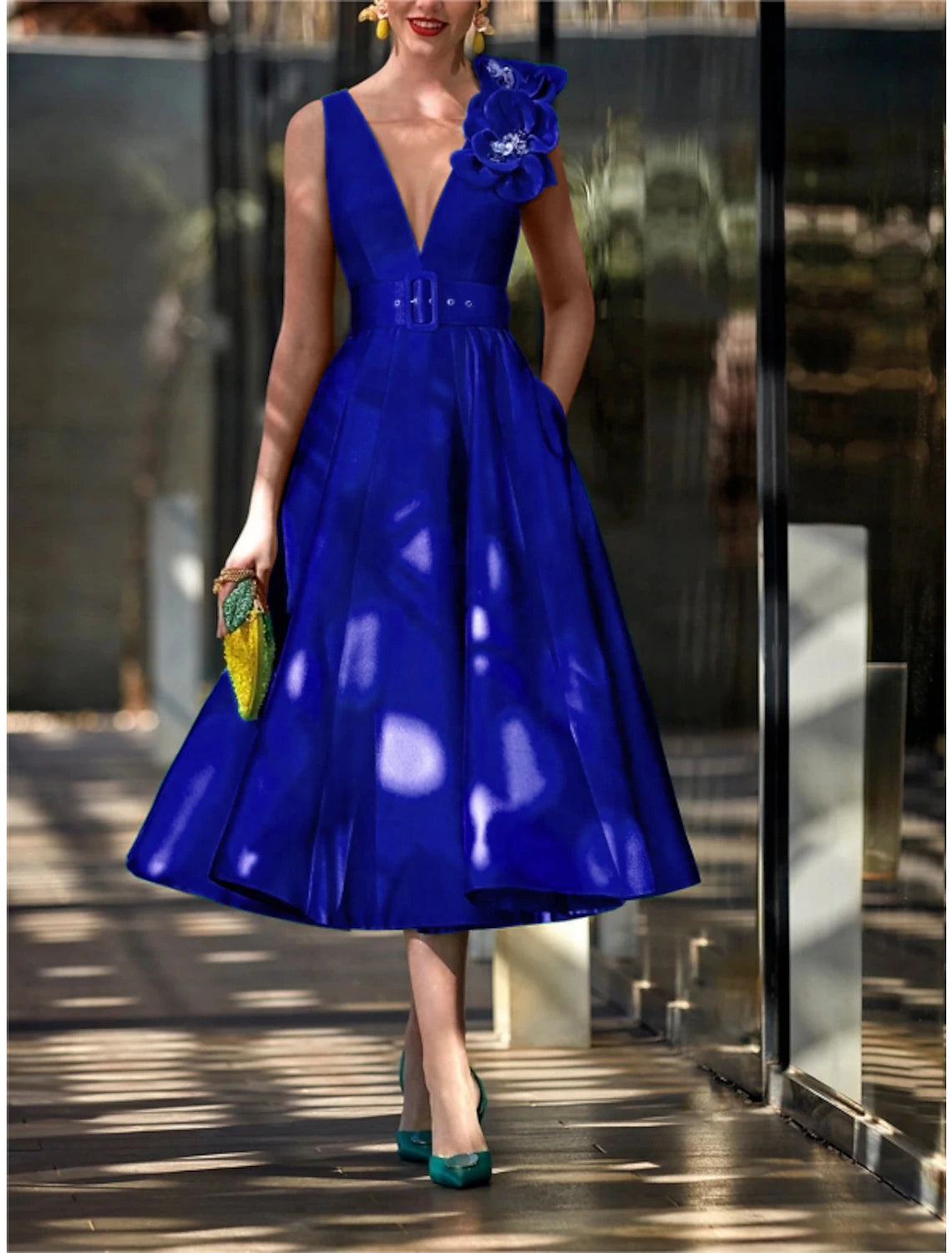 Wholesa A-Line Cocktail Fall Dresses Red Green Dress Vintage Formal Tea Length Sleeveless V Neck Belt / Sash Satin with Pleats Shouder Flower