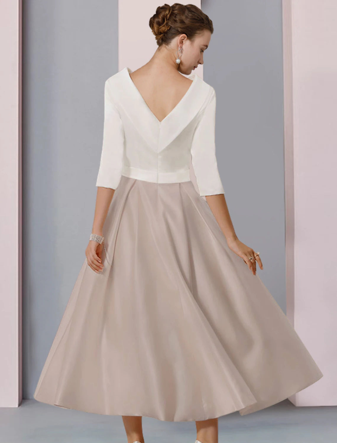 wholesale  A-Line Mother of the Bride Dress Wedding Guest Elegant Scoop Neck Tea Length Satin Half Sleeve with Pleats Crystal Brooch Color Block