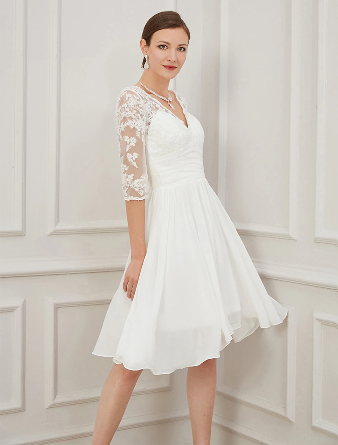 wholesale  Reception Little White Dresses Fall Wedding Dresses A-Line V Neck Half Sleeve Knee Length Chiffon Bridal Gowns With Draping Appliques