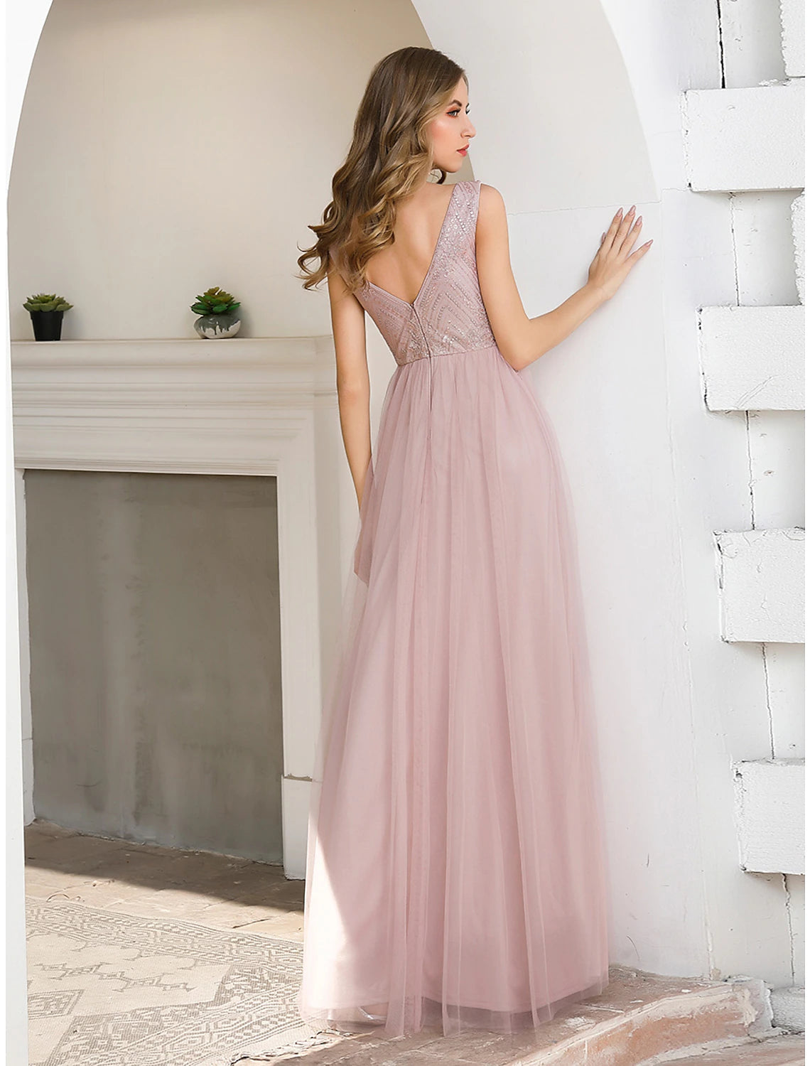 wholesa A-Line Evening Gown Elegant Dress Wedding Guest Formal Evening Floor Length Sleeveless V Neck Satin V Back with Sash / Ribbon Sequin