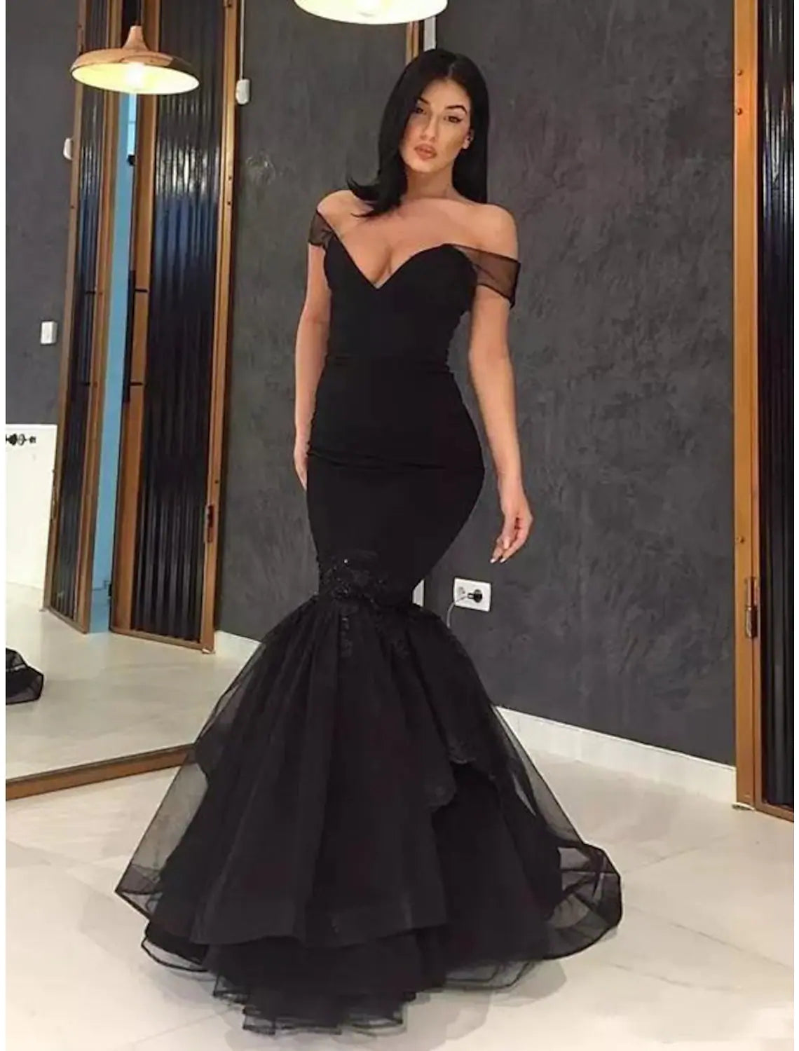 Wholesa Mermaid / Trumpet Evening Gown Sexy Dress Wedding Guest Floor Length Short Sleeve V Neck Tulle with Appliques Pure Color