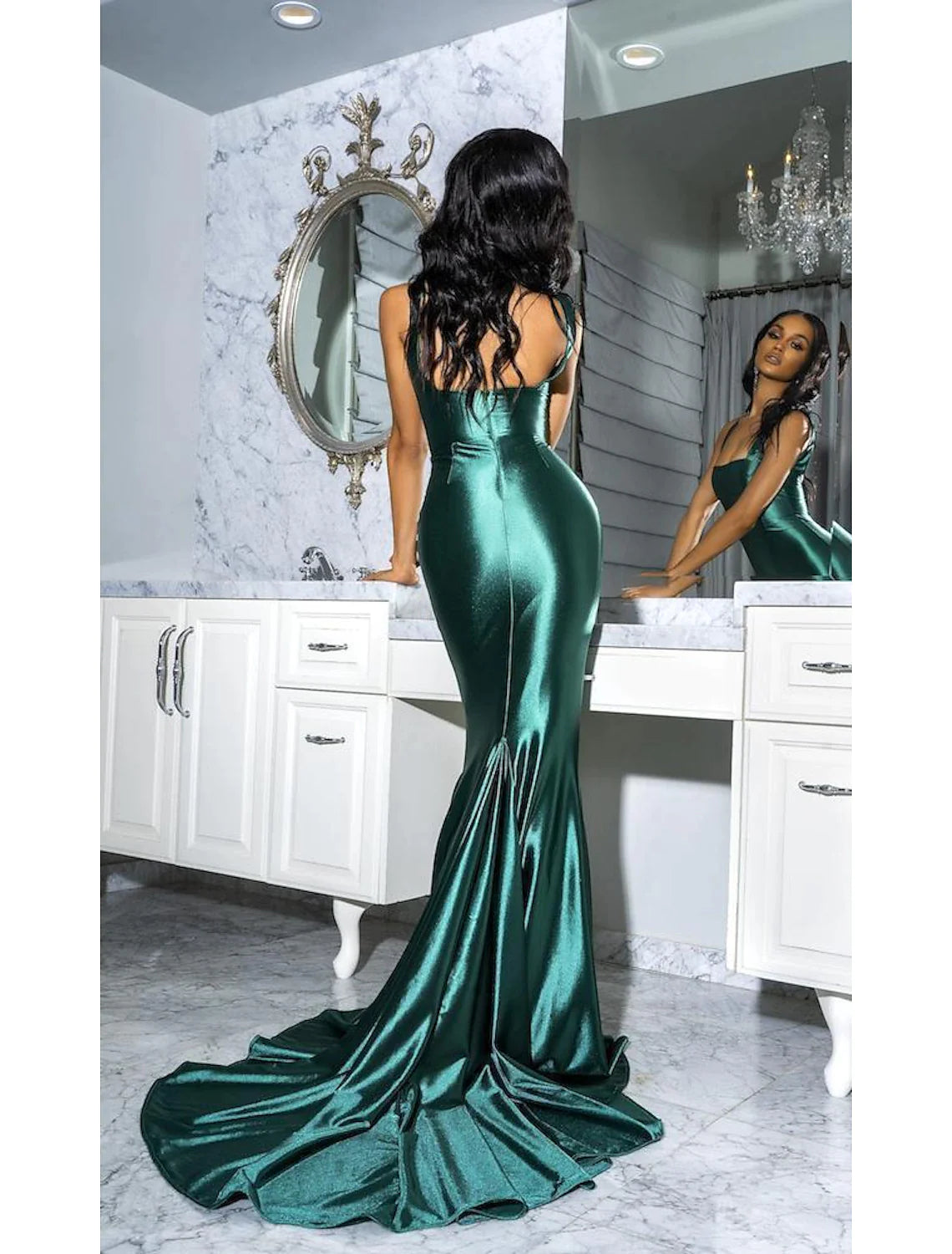 Wholesa Mermaid / Trumpet Evening Gown Emerald Green Dress Prom Formal Evening Court Train Sleeveless Spaghetti Strap Satin with Pure Color