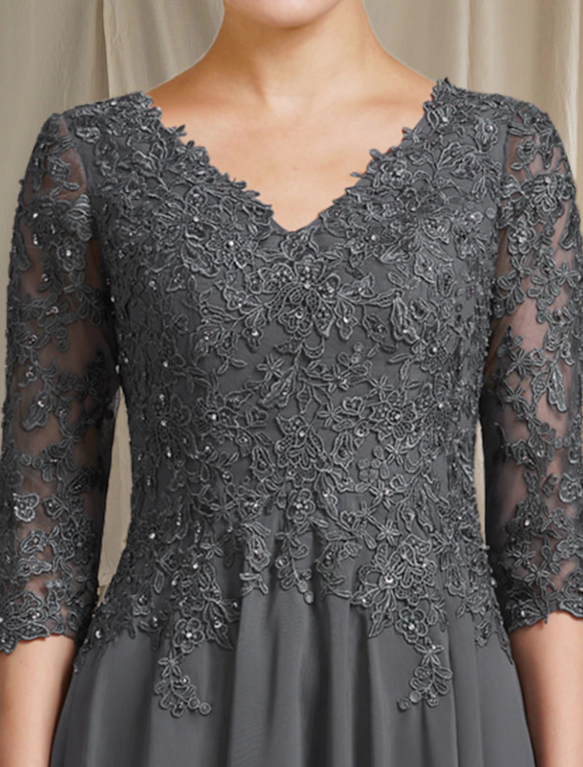 wholesale  A-Line Mother of the Bride Dress Plus Size Elegant V Neck Tea Length Chiffon Lace 3/4 Length Sleeve with Pleats Beading Appliques