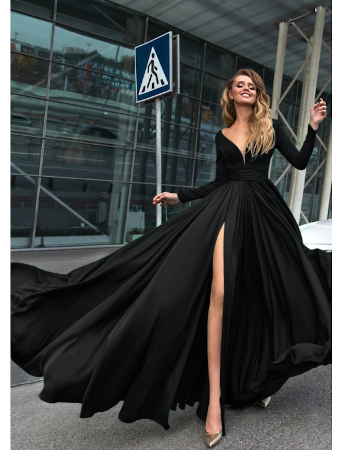 Wholesa A-Line Evening Gown Empire Black Dress Holiday Wedding Guest Floor Length Long Sleeve V Neck Chiffon V Back with Slit Pure Color