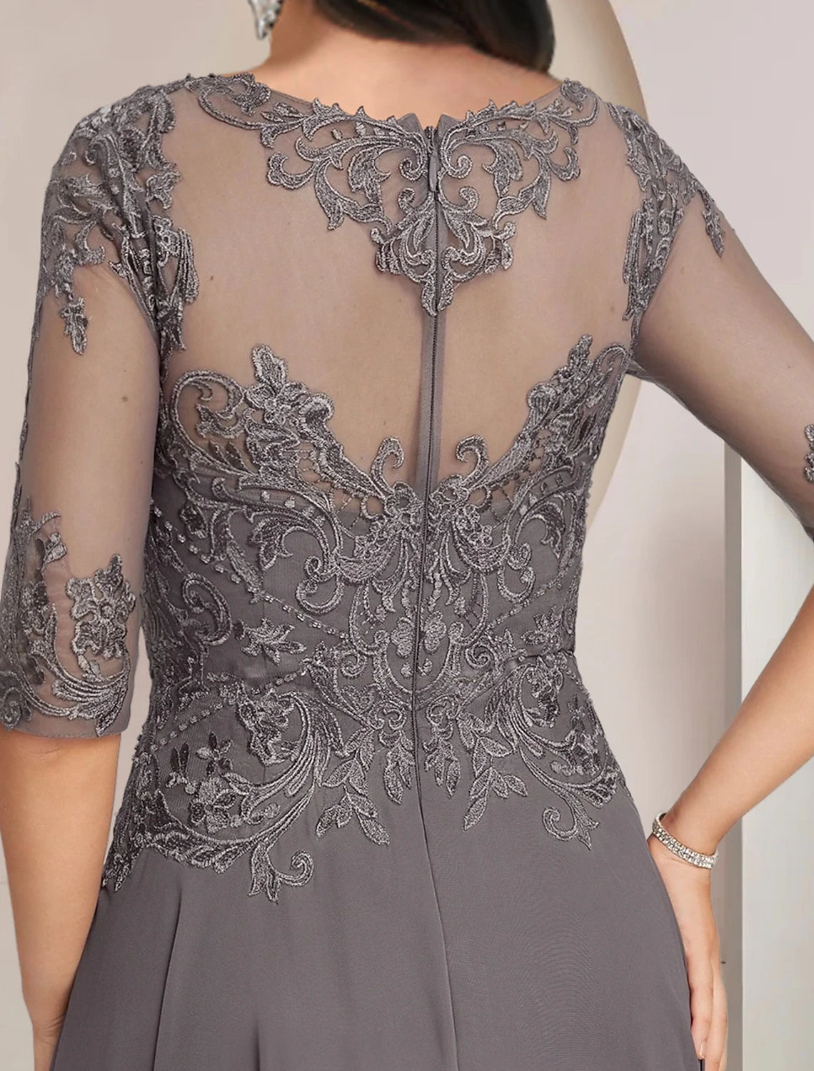 wholesale  A-Line Mother of the Bride Dress Formal Wedding Guest Elegant High Low Scoop Neck Asymmetrical Tea Length Chiffon Lace Half Sleeve with Pleats Appliques