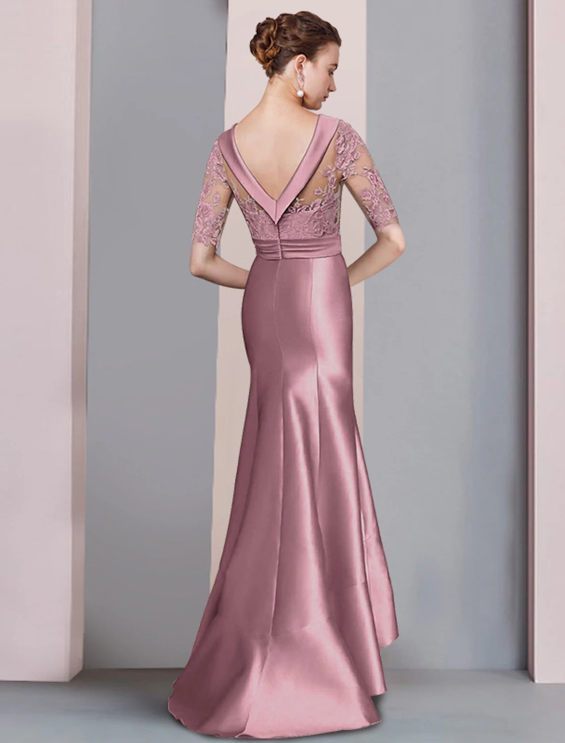 wholesale   Mermaid / Trumpet Mother of the Bride Dress Formal Fall Wedding Guest Dresses Elegant High Low Scoop Neck Sweep / Brush Train Asymmetrical Satin Lace Half Sleeve with Bow(s) Appliques