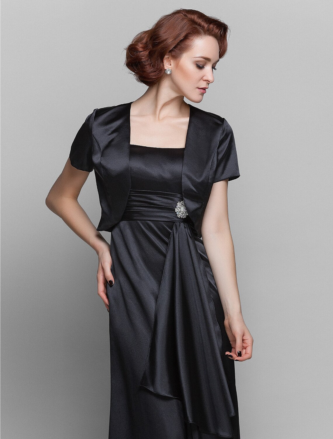 wholesale  Sheath / Column Mother of the Bride Dress Wrap Included Spaghetti Strap Floor Length Stretch Satin Short Sleeve with Ruched Tassel Crystal Brooch