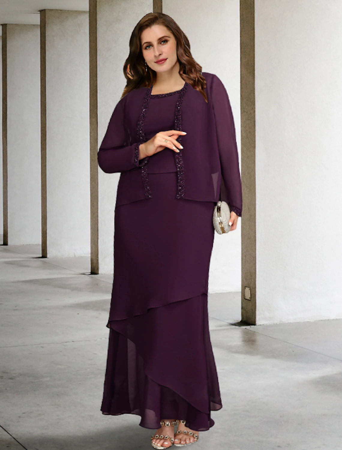 wholesale  Two Piece A-Line Mother of the Bride Dresses Plus Size Hide Belly Curve Elegant Dress Formal Ankle Length Sleeveless Square Neck Chiffon with Beading Ruffles