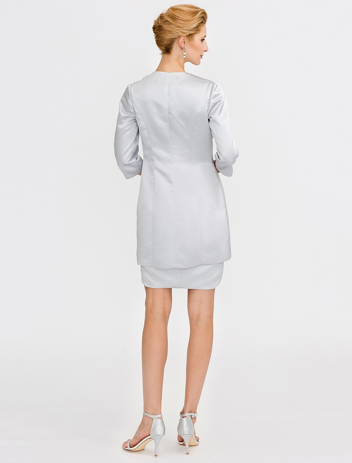 wholesale  Sheath / Column Mother of the Bride Dress Formal Two Piece Jewel Neck Short / Mini Satin Short Sleeve yes with Lace Pleats