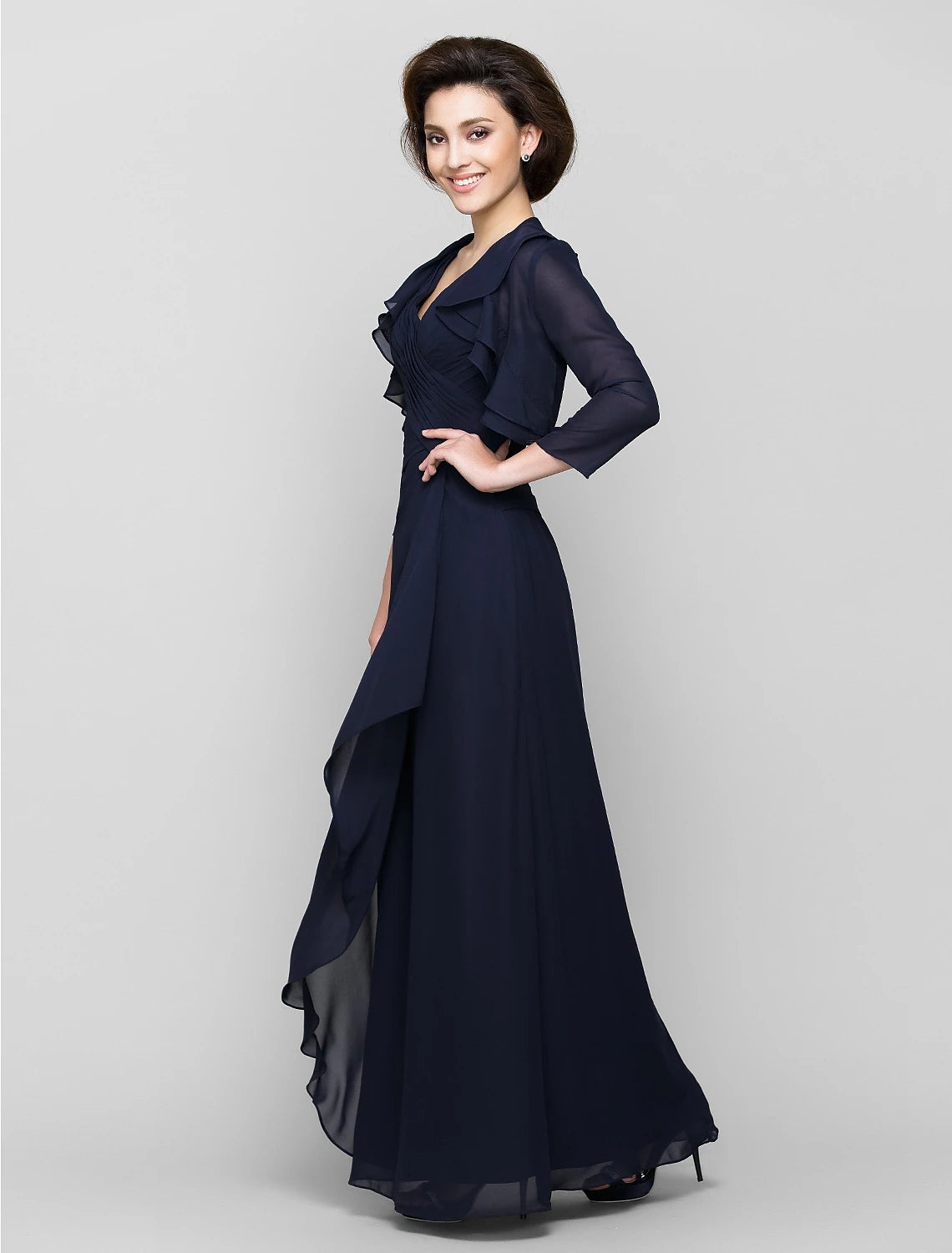 wholesale  Sheath / Column Mother of the Bride Dress Convertible Dress V Neck Floor Length Chiffon 3/4 Length Sleeve with Criss Cross Cascading Ruffles