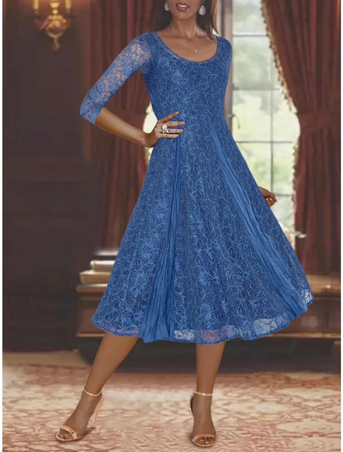 Wholesa  Two Piece A-Line Mother of the Bride Dress Formal Wedding Guest Plus Size Elegant Scoop Neck Tea Length Chiffon Lace 3/4 Length Sleeve Wrap Included with Pleats