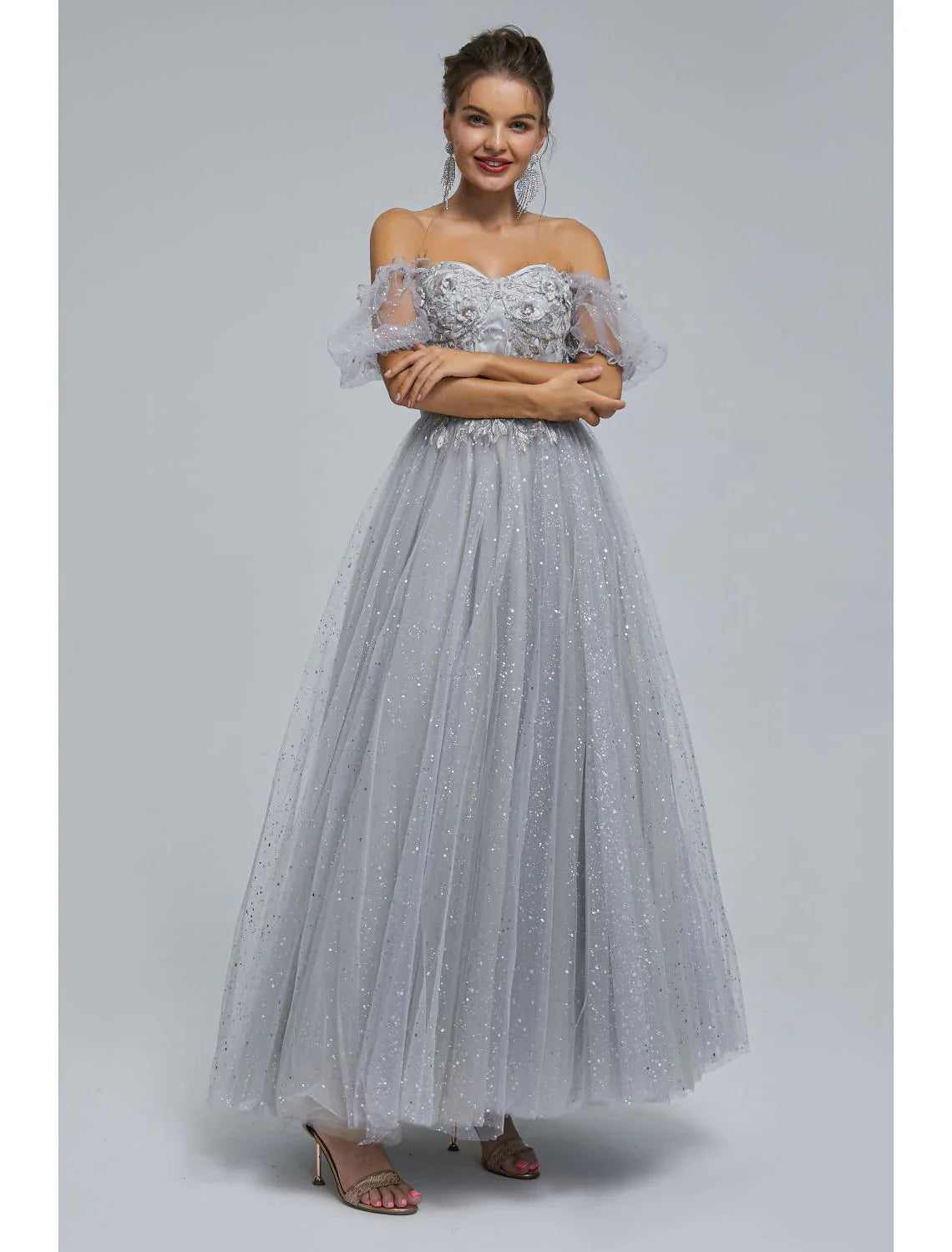 Wholesa A-Line Prom Dresses Princess Dress Quinceanera Tea Length Short Sleeve Off Shoulder Tulle with Sequin Appliques