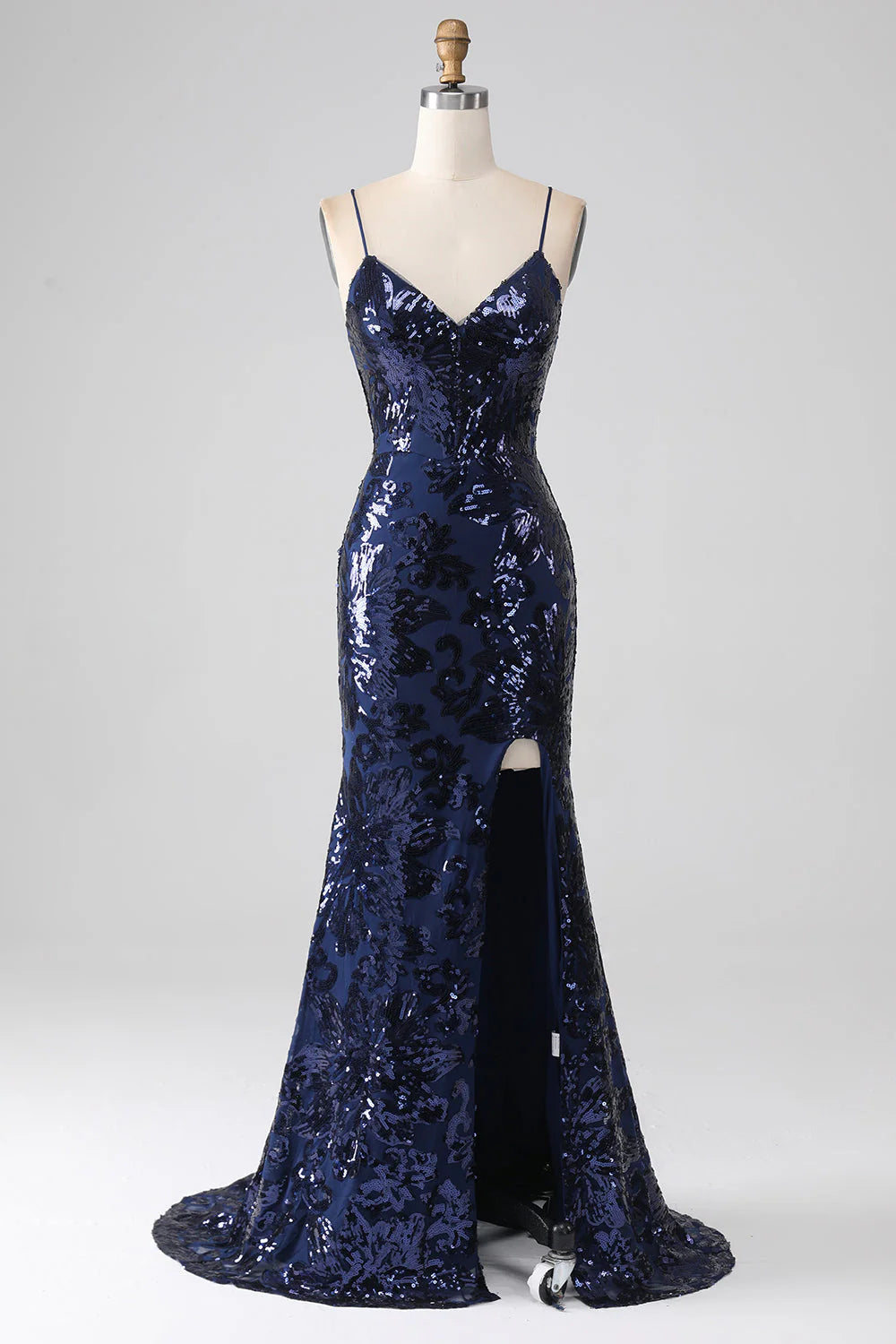 Wholesa Mermaid Shimmering Sequin Spaghetti Strap Prom Dress with Slit