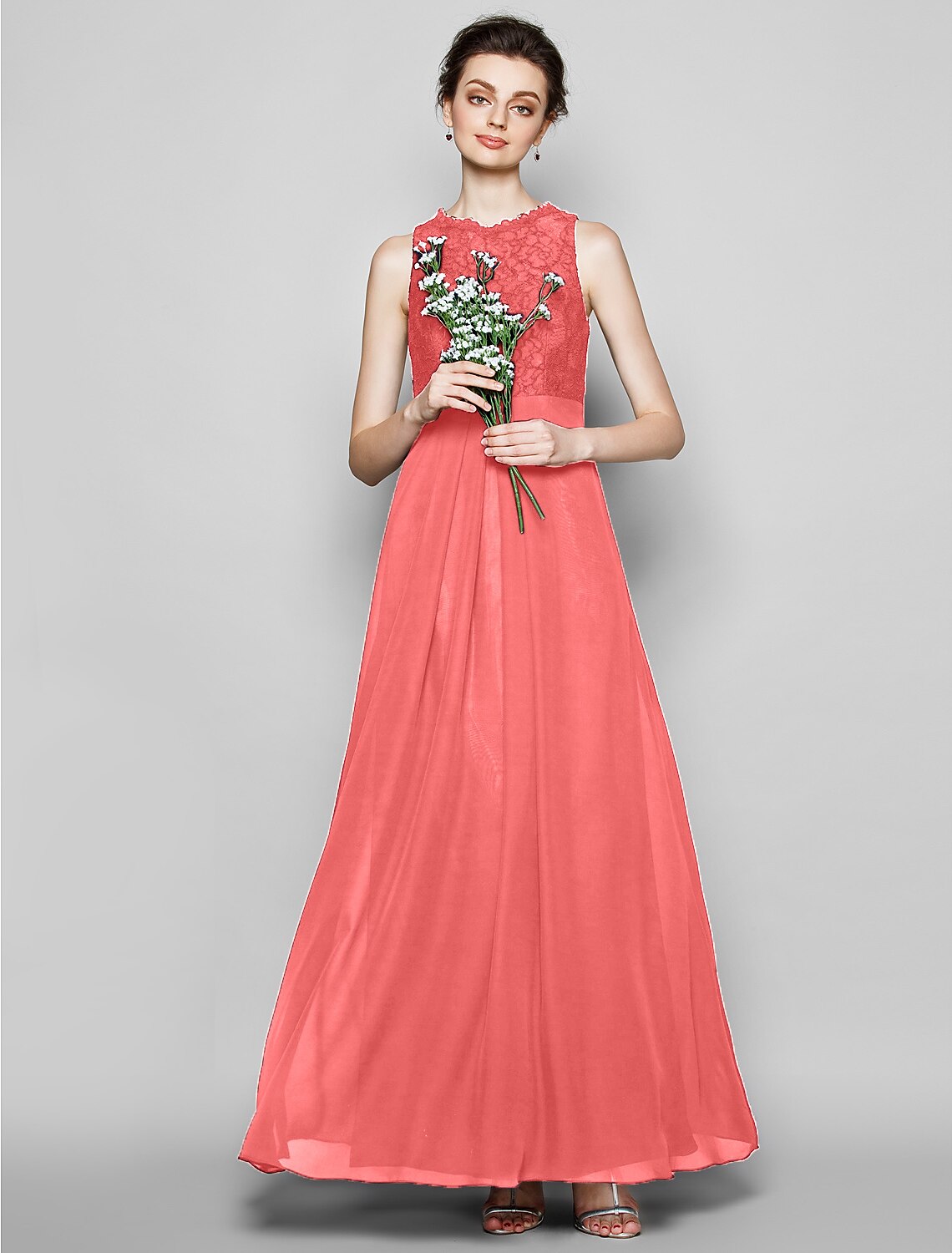 wholesale  Sheath / Column Bridesmaid Dress Jewel Neck Sleeveless Elegant Floor Length Chiffon / Lace with Lace