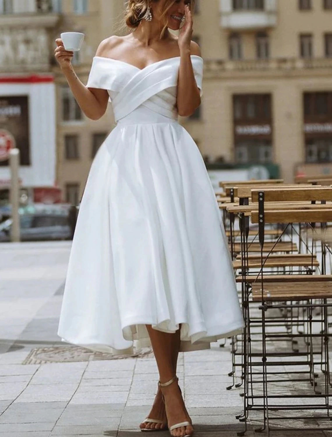 Wholesa Little White Dresses Formal Wedding Dresses A-Line Off Shoulder Short Sleeve Tea Length Satin Bridal Gowns With Solid Color