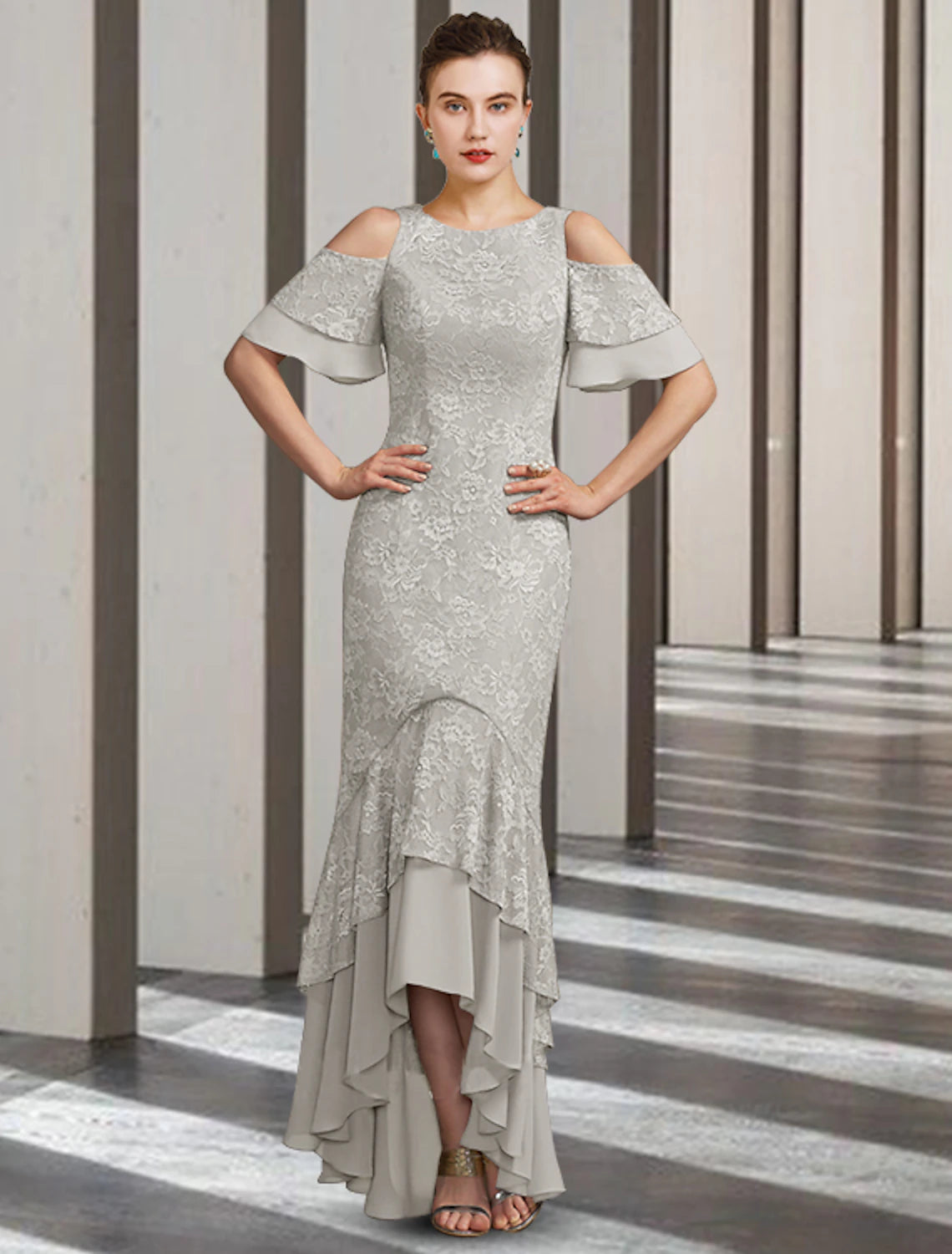 wholesale  Sheath / Column Mother of the Bride Dress Elegant High Low Jewel Neck Floor Length Chiffon Lace Short Sleeve with Ruffles