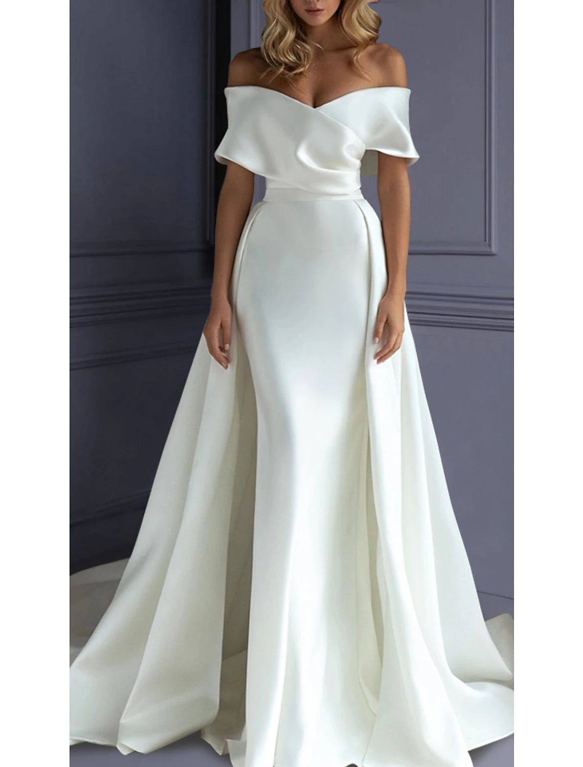 Wholesa  Beach Formal Wedding Dresses Mermaid / Trumpet Sweetheart Off Shoulder Sleeveless Sweep / Brush Train Satin Bridal Gowns With Solid Color