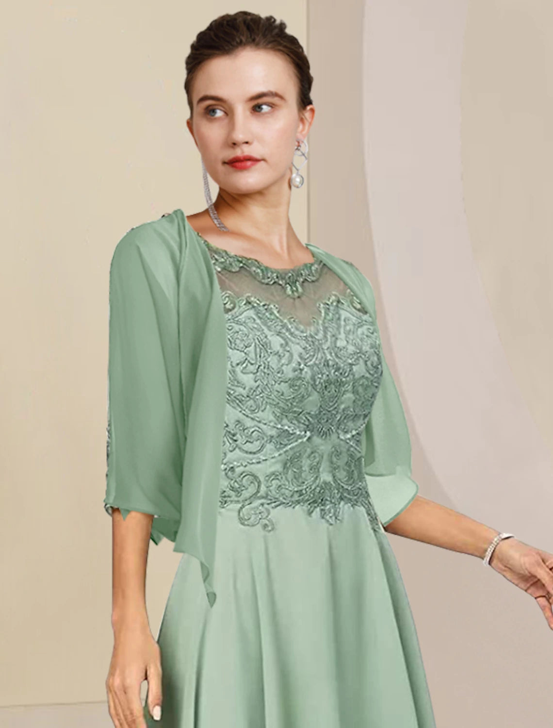 wholesale  Two Piece A-Line Mother of the Bride Dress Formal Wedding Guest Elegant High Low Scoop Neck Asymmetrical Tea Length Chiffon Lace Half Sleeve Wrap Included with Beading Appliques