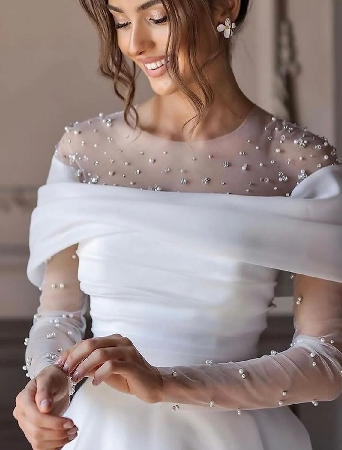 Wholesa Beach Little White Dresses Formal Wedding Dresses A-Line Illusion Neck Long Sleeve Floor Length Tulle Bridal Gowns With Ruched Beading