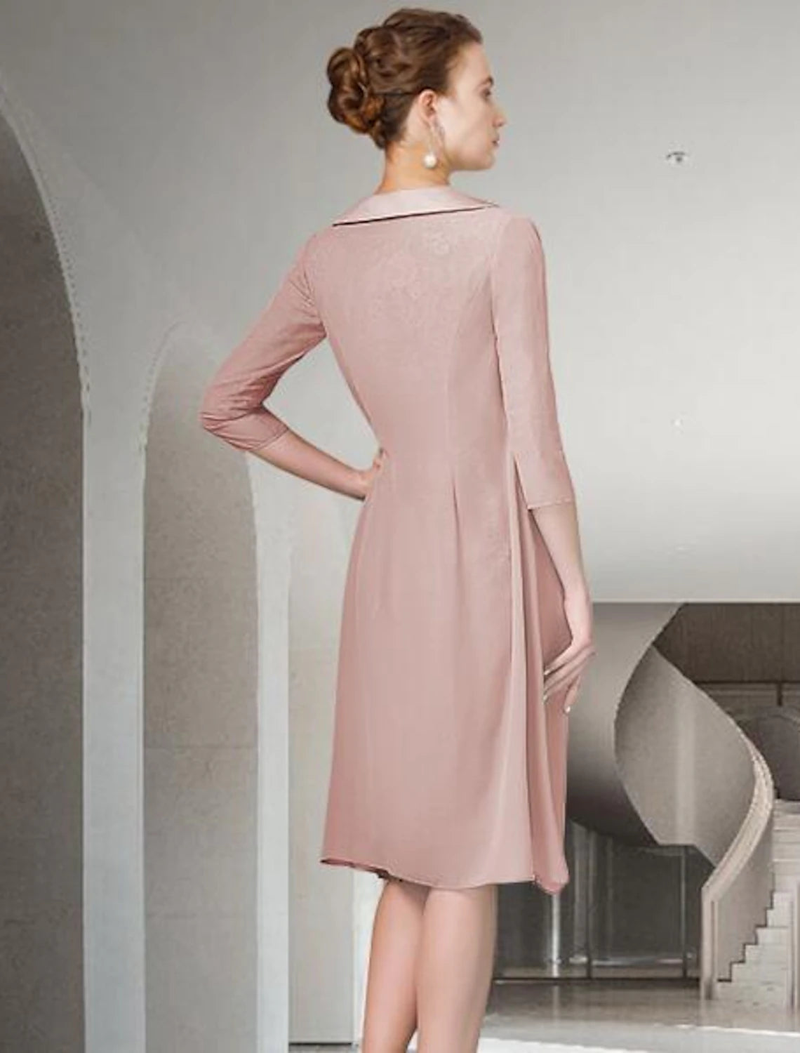 wholesale  Two Piece Sheath / Column Mother of the Bride Dress Fall Wedding Guest Church Plus Size Elegant Jewel Neck Knee Length Chiffon Lace Half Sleeve Wrap Included Jacket Dresses with Ruched Appliques