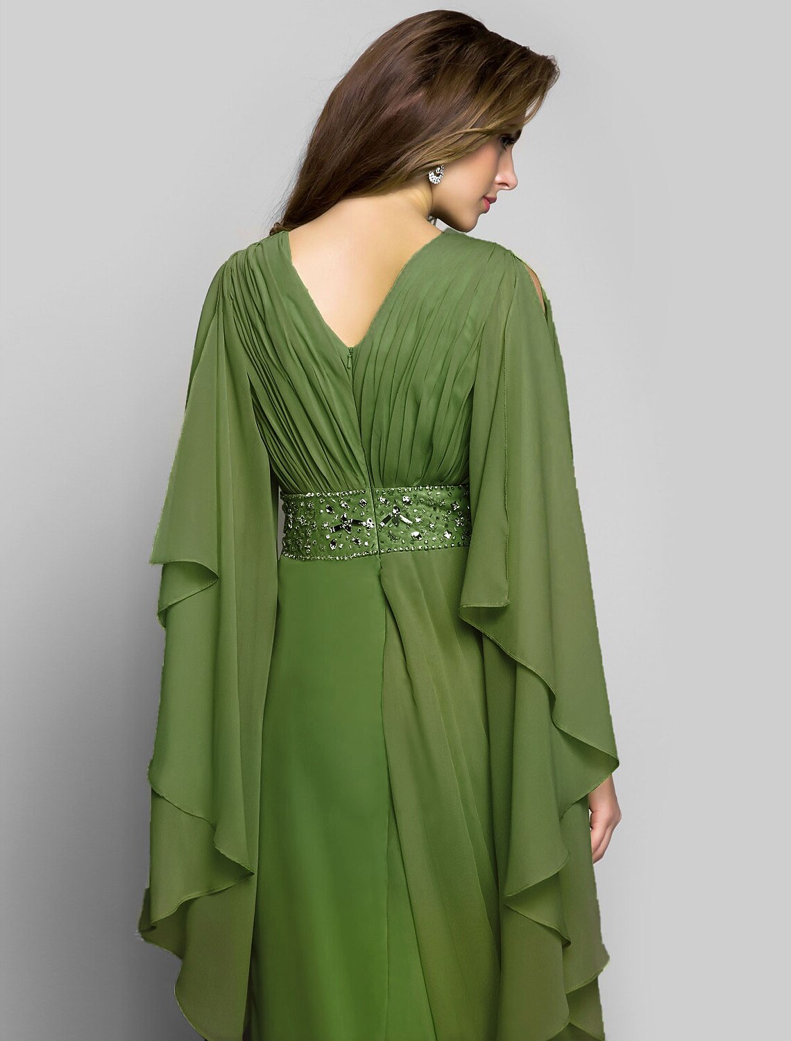 Wholesa Sheath / Column Elegant Dress Wedding Guest Formal Evening Floor Length Long Sleeve V Neck Chiffon V Back with Crystals Side Draping