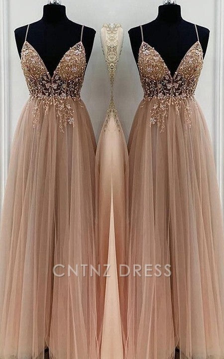 Wholesa A-Line/Elegant Spaghetti Straps Sleeveless Beading Tulle Floor-Length formal dresses Bridesmaid Dresses evening gown Prom Dress With Split