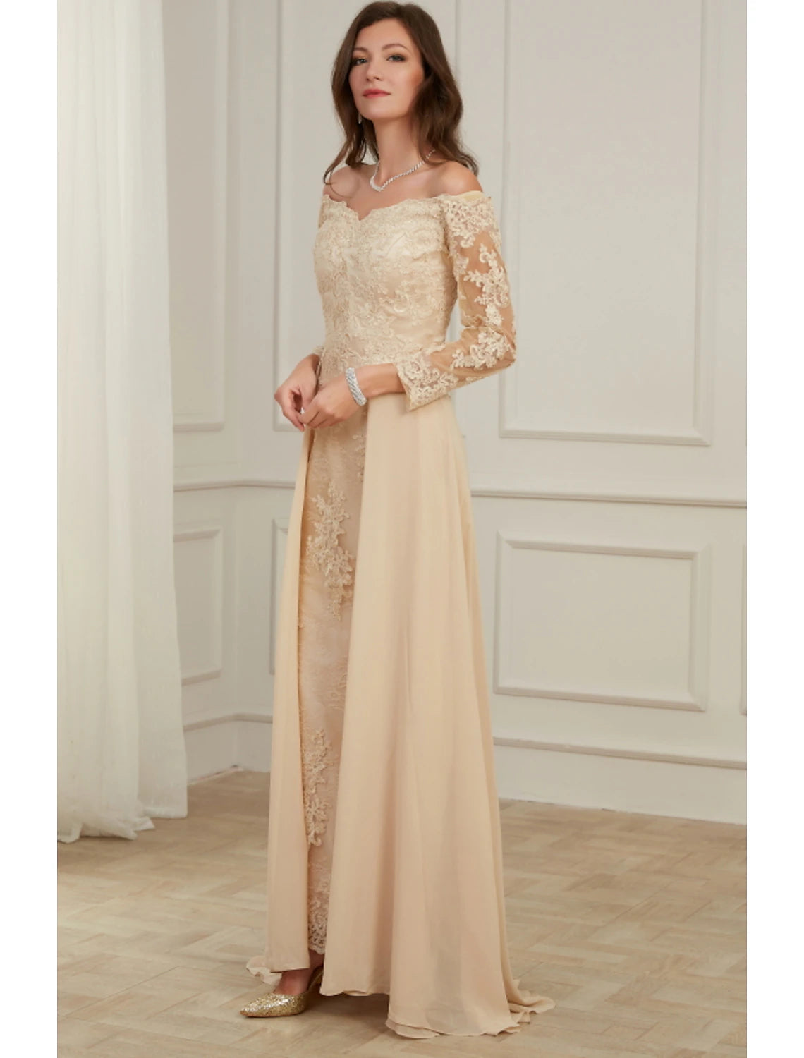 Wholesa A-Line Evening Gown Elegant Dress Wedding Guest Formal Evening Floor Length Long Sleeve Off Shoulder Polyester with Overskirt Appliques
