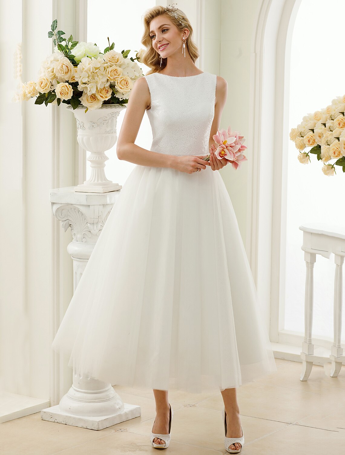 wholesale  Reception Sparkle & Shine Little White Dresses Wedding Dresses A-Line Scoop Neck Sleeveless Tea Length Tulle Bridal Gowns With Lace Sequin