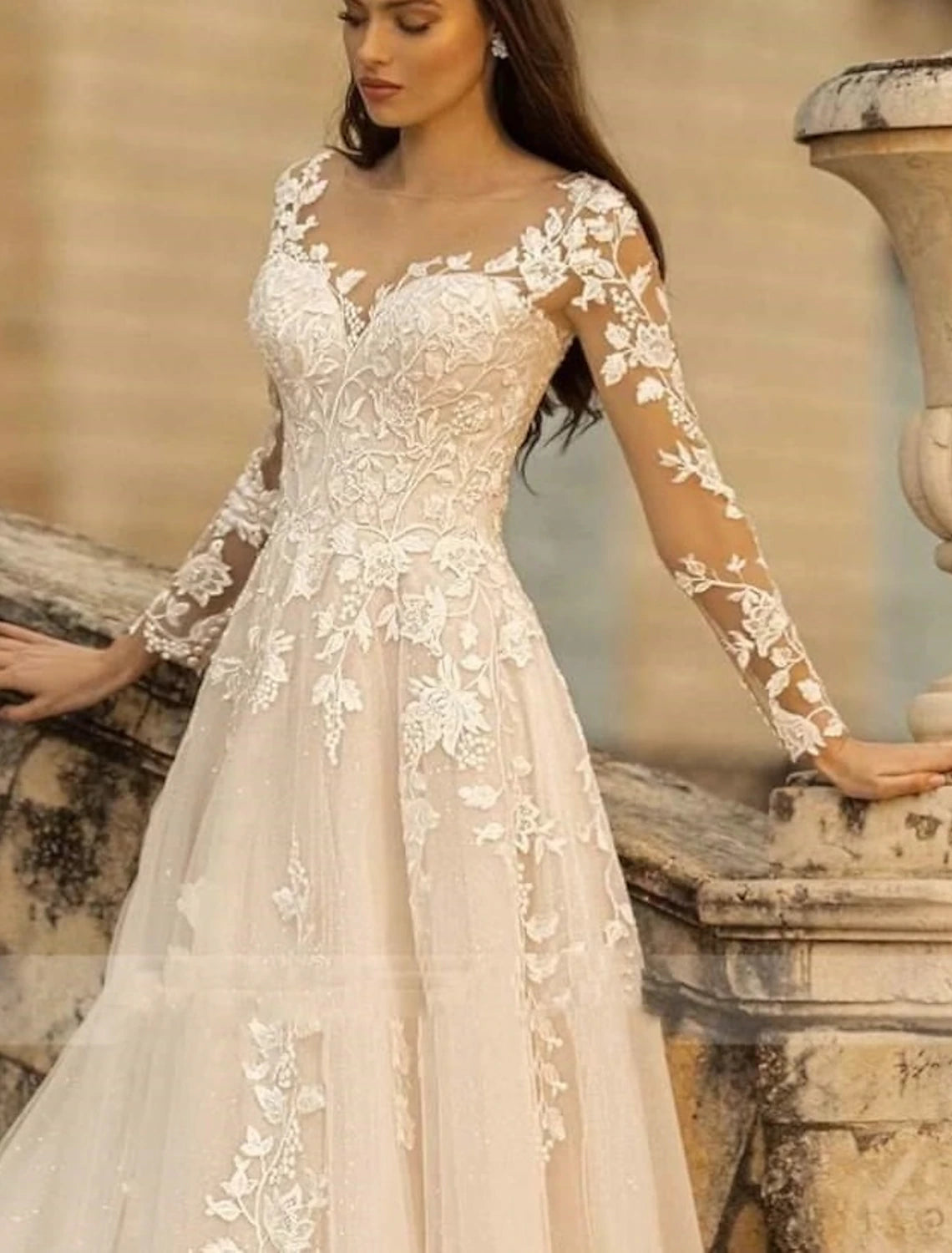Wholesa Beach Formal Wedding Dresses A-Line V Neck Long Sleeve Sweep / Brush Train Lace Bridal Gowns With Flower Solid Color
