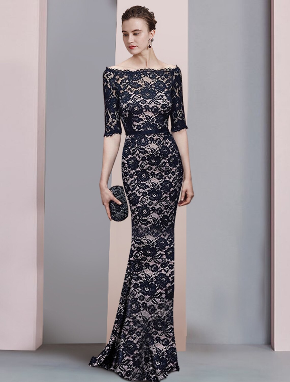 wholesale  Sheath / Column Mother of the Bride Dress Formal Wedding Guest Vintage Elegant Off Shoulder Floor Length Lace 3/4 Length Sleeve with Sash / Ribbon Fall