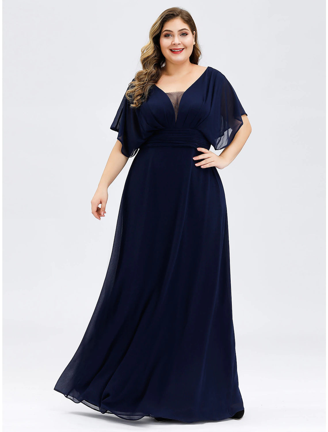 wholesale  A-Line Elegant Formal Evening Dress V Neck Short Sleeve Floor Length Chiffon with Draping